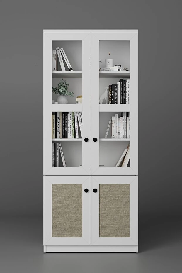 Lisa Kumaş Desenli 4 Kapaklı Beyaz Vitrin - Kitaplık ve Çok Amaçlı Dolap