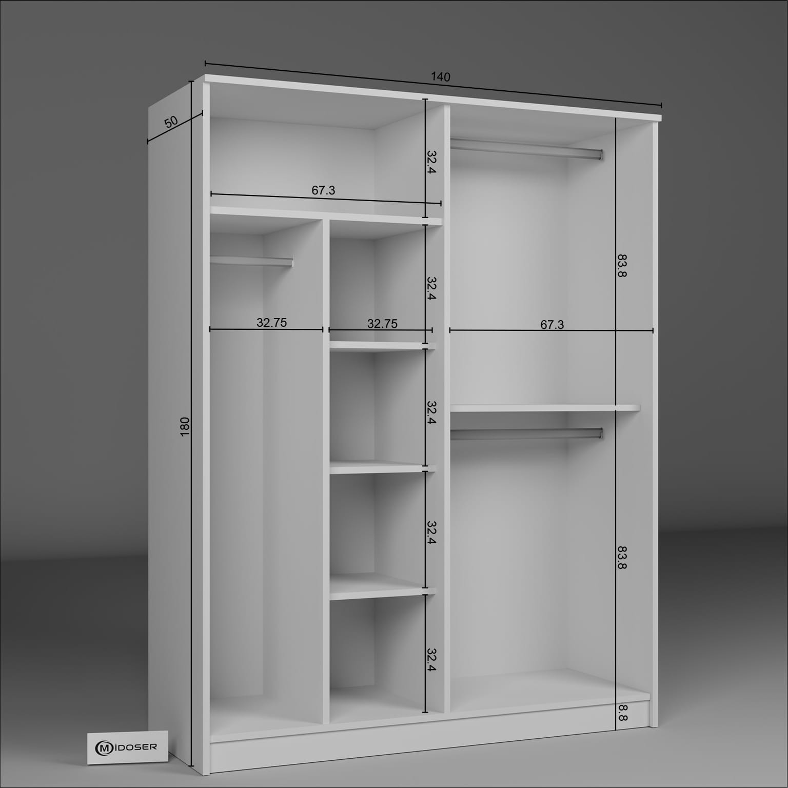 Kardelen Serisi 140 Cm Mat Beyaz 4 Kapılı 5 Raflı Elbise Dolabı
