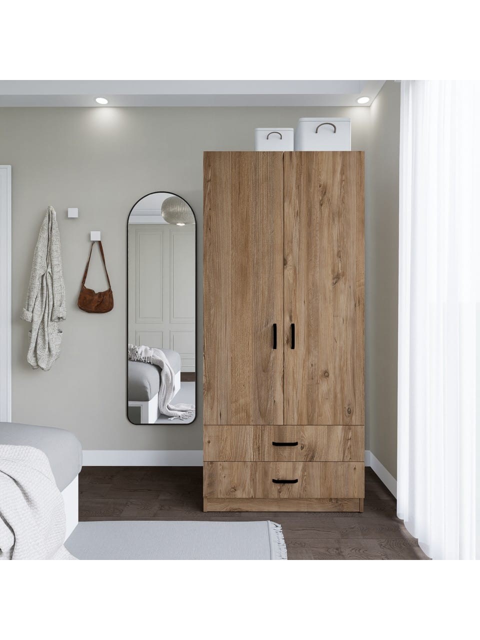 Yaman 80 cm Atlantik Çam 2 Kapaklı 2 Çekmeceli Elbise Dolabı - Gardırop