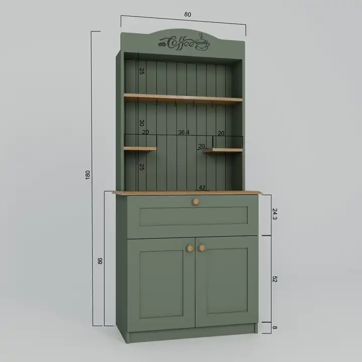 Lucas 2 Kapaklı Çekmeceli Kahve Köşesi ve Çok Amaçlı Mutfak Dolabı - Açık Ceviz & Yeşil