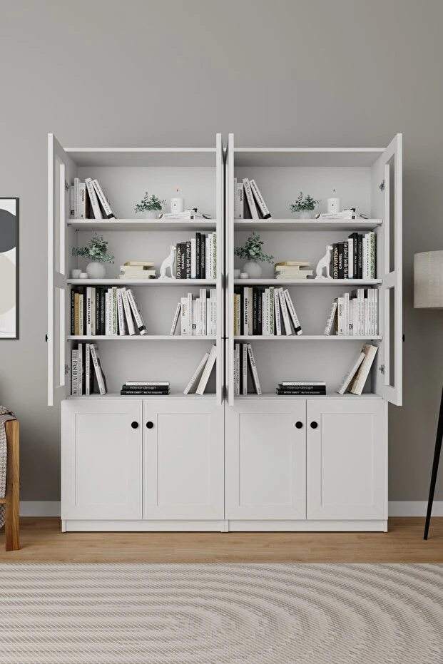 Lisa 8 Kapaklı Beyaz Vitrin Seti - Kitaplık ve Çok Amaçlı Dolap