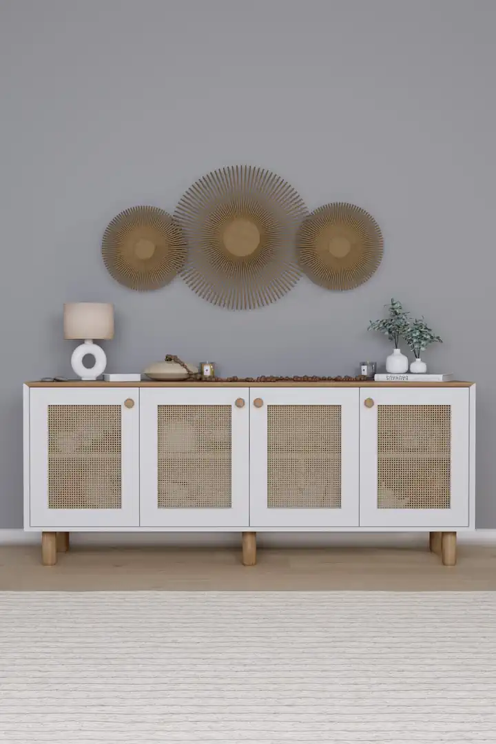 Bohem Serisi Natura Pvc Hasır Desen Mat Beyaz - Açık Ceviz Konsol