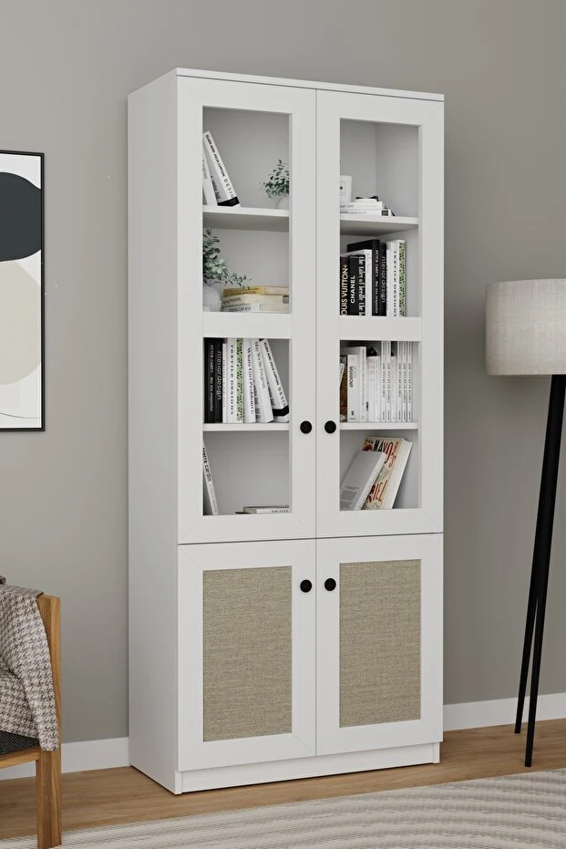 Lisa Kumaş Desenli 4 Kapaklı Beyaz Vitrin - Kitaplık ve Çok Amaçlı Dolap