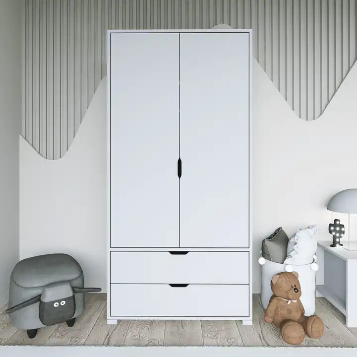 Duru 90 Cm Mat Beyaz 2 Kapılı 2 Çekmeceli Elbise Dolabı - Gardırop