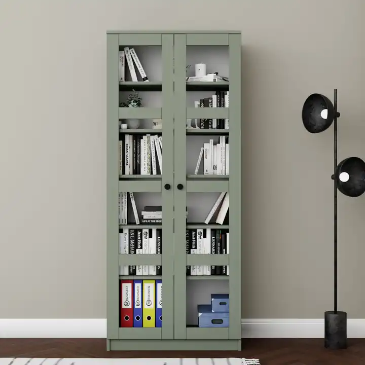 Lucas Cam Kapaklı Vitrin - Büfe - Kitaplık ve Çok Amaçlı Dolap ( AYARLANABİLİR RAF ) - Yeşil