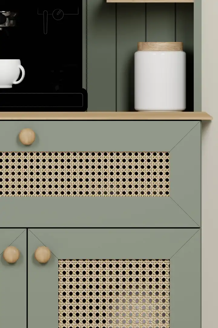 Lucas 2 Kapaklı Çekmeceli Pvc Hasır Desen Kahve Köşesi & Çok Amaçlı Mutfak Dolabı-Açık Ceviz & Yeşil