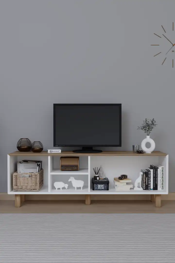 Bohem Serisi Garden Meşe - Beyaz Pvc Hasır Desen Tv Ünitesi