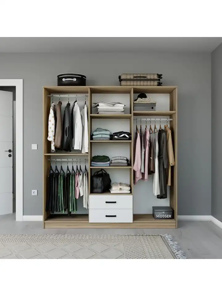 Yaman 6 Kapaklı 2 Çekmeceli Elbise Dolabı Gardırop Ceviz - Beyaz
