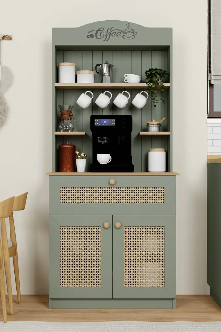 Lucas 2 Kapaklı Çekmeceli Pvc Hasır Desen Kahve Köşesi & Çok Amaçlı Mutfak Dolabı-Açık Ceviz & Yeşil