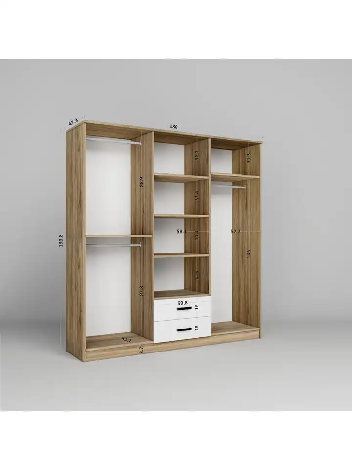 Yaman 6 Kapaklı 2 Çekmeceli Elbise Dolabı Gardırop Ceviz - Beyaz