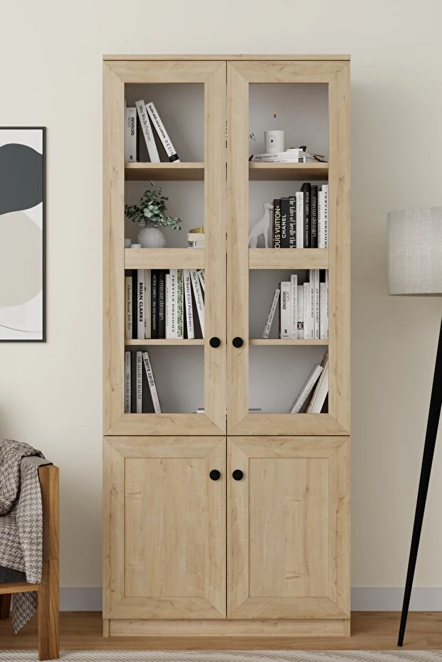 Lisa 4 Kapaklı Safir Meşe Vitrin -Kitaplık ve Çok Amaçlı Dolap
