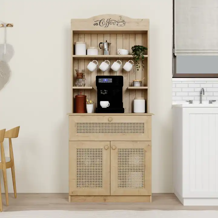 Lucas 2 Kapaklı Çekmeceli Sarı Hasır Desen Kahve Köşesi Çok Amaçlı Mutfak Dolabı - Safir Meşe