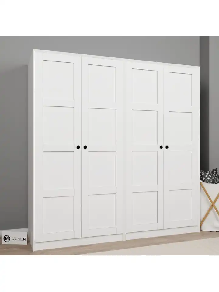 Lucas 4 Kapaklı 8 Raflı Yüklük ve Elbise Dolabı Seti - Mat Beyaz