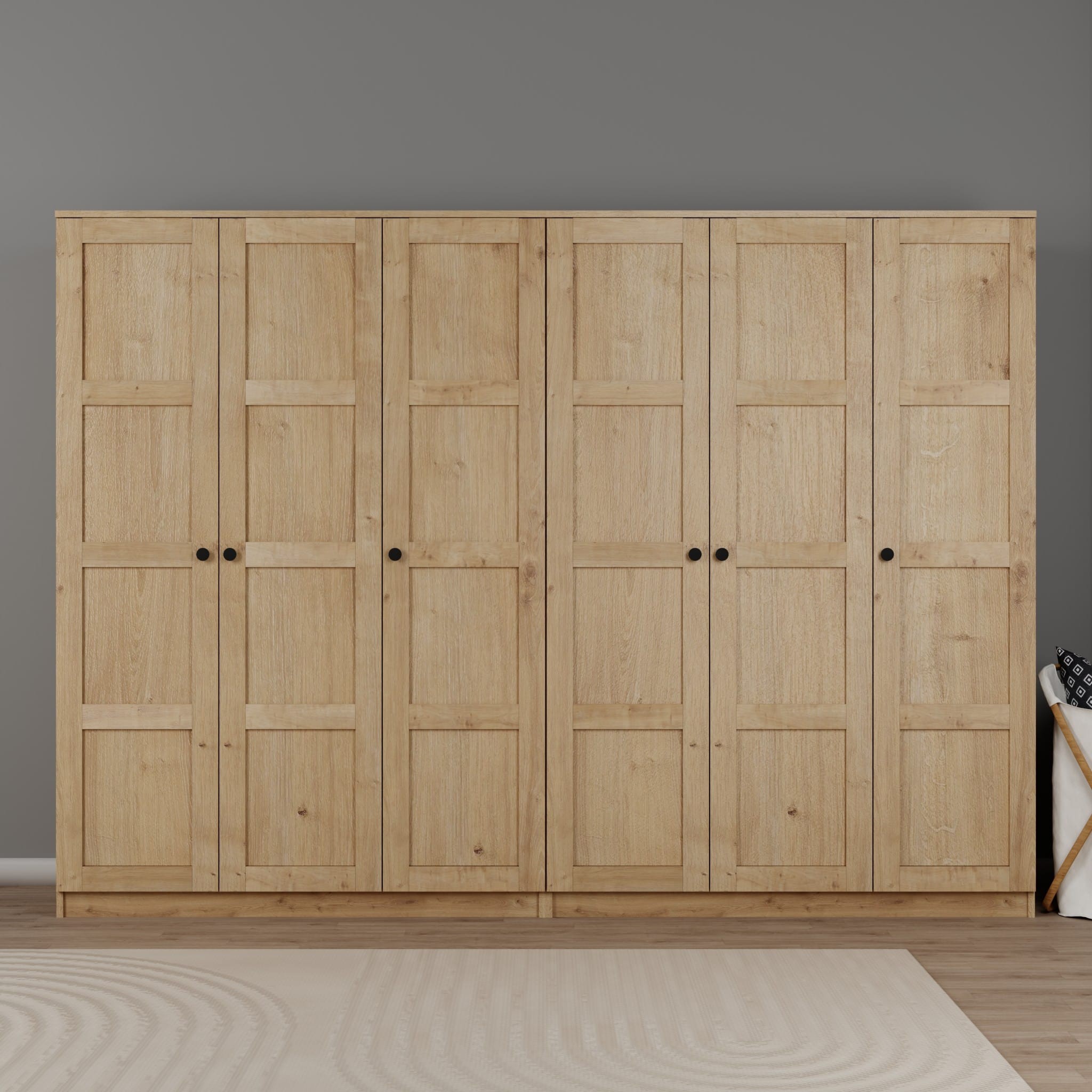 Lucas 6 Kapaklı,15 Raf Bölmeli Yüklük & Askılıklı Geniş Elbise Dolabı-Gardırop Safir Meşe 190x270 cm