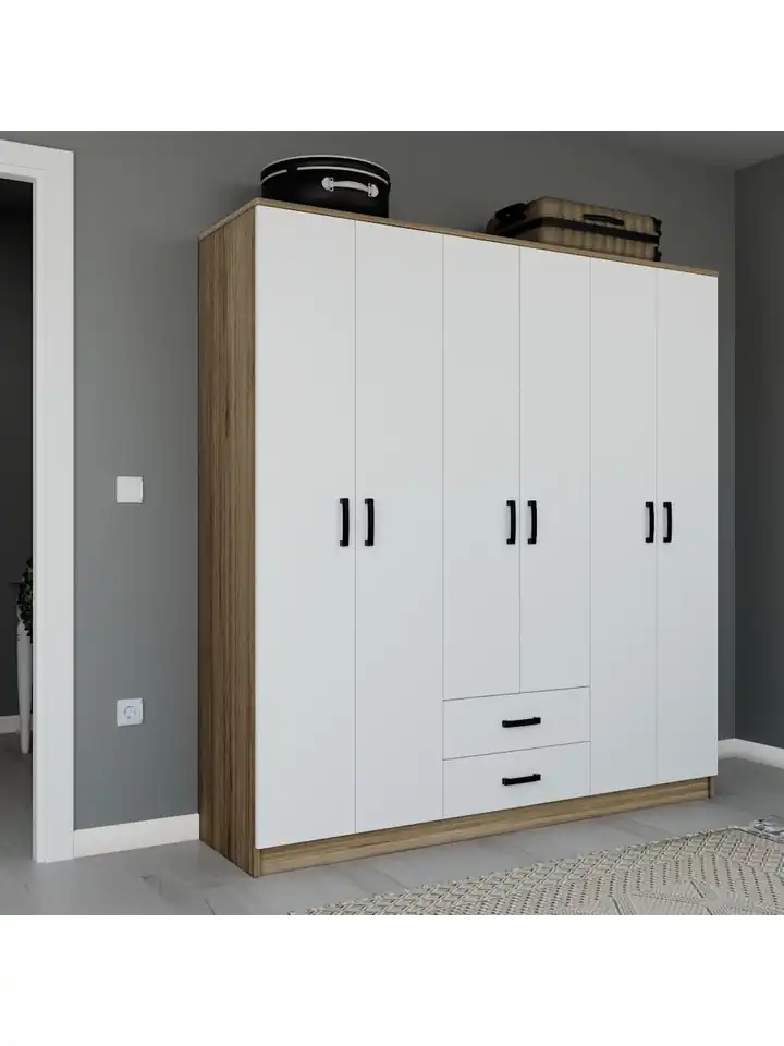 Yaman 6 Kapaklı 2 Çekmeceli Elbise Dolabı Gardırop Ceviz - Beyaz