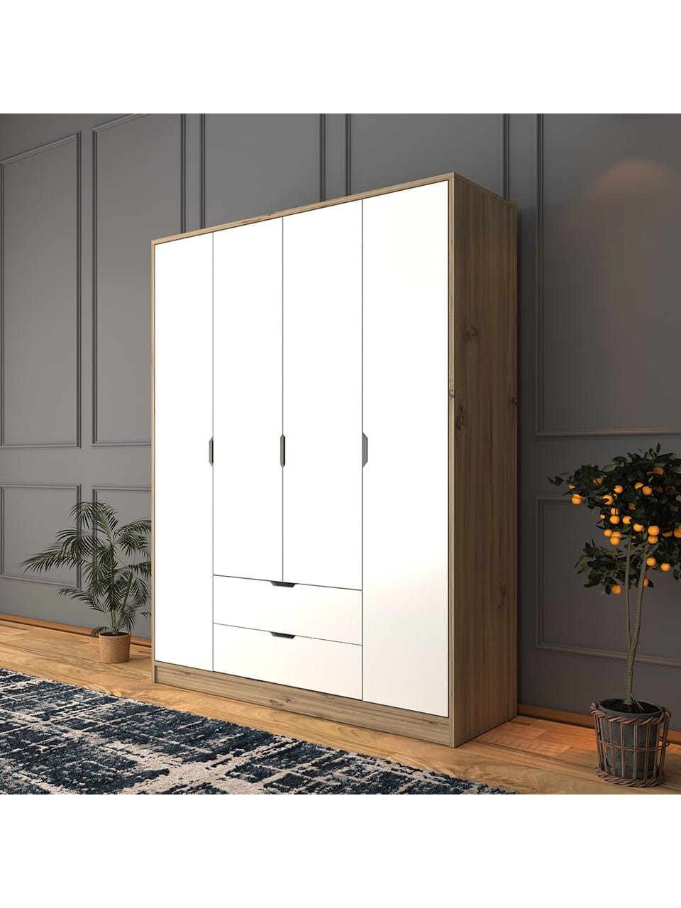Nisan Açık Ceviz-beyaz 140 Cm 4 Kapılı 2 Çekmeceli Elbise Dolabı - Gardırop