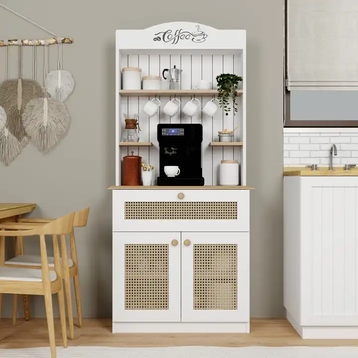 Lucas 2 Kapaklı Çekmeceli Sarı Hasır Desen Kahve Köşesi Çok Amaçlı Mutfak Dolabı-Açık Ceviz & Beyaz