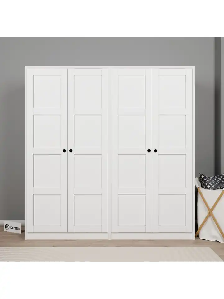 Lucas 4 Kapaklı 8 Raflı Yüklük ve Elbise Dolabı Seti - Mat Beyaz