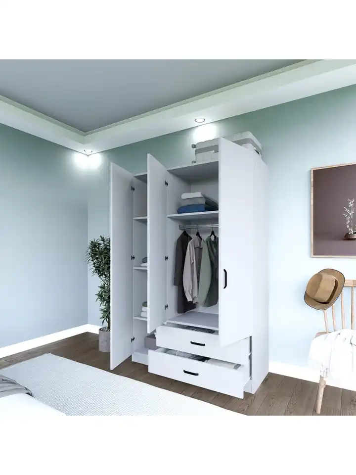 Yaman Mat Beyaz 3 Kapılı 2 Çekmeceli Elbise Dolabı-Gardırop