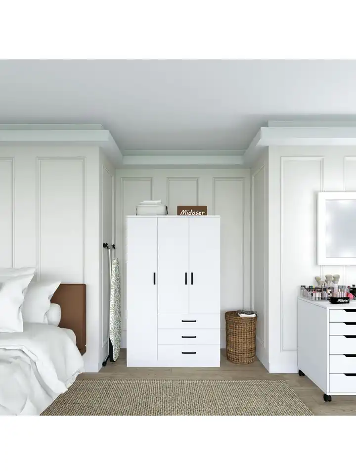 Easy Mat Beyaz 3 Kapılı 3 Çekmeceli Çok Amaçlı Elbise Dolabı