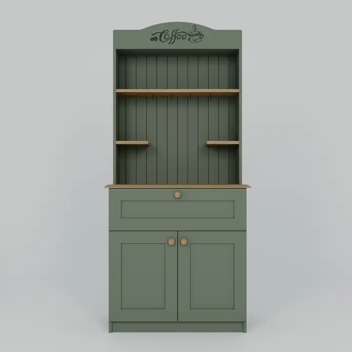 Lucas 2 Kapaklı Çekmeceli Kahve Köşesi ve Çok Amaçlı Mutfak Dolabı - Açık Ceviz & Yeşil