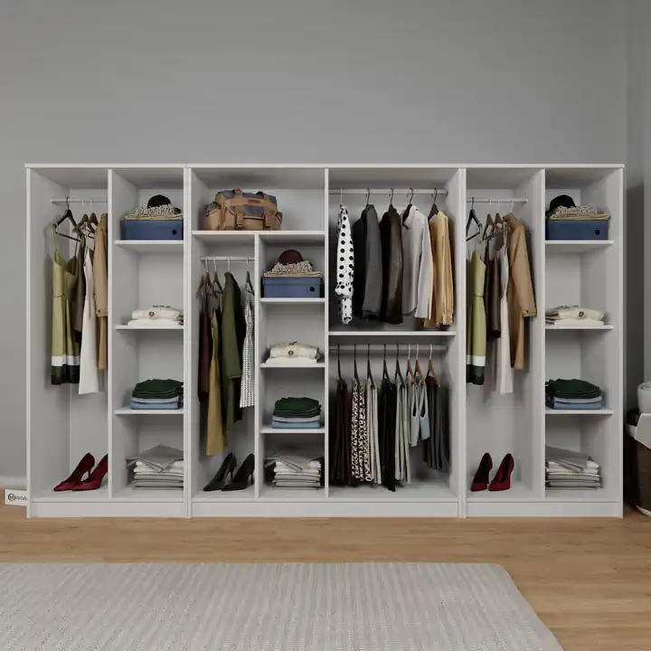 Kardelen Serisi 300 cm Mat Beyaz 8 Kapılı 13 Raflı Elbise Dolabı - Gardırop Seti