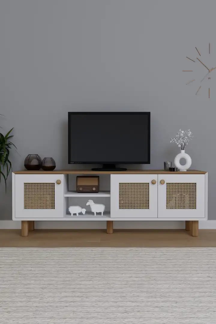 Bohem Serisi Garden Meşe - Beyaz Pvc Hasır Desen Tv Ünitesi