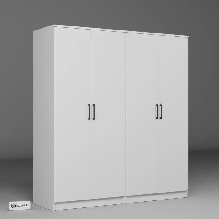 Kardelen Serisi 160 cm Mat Beyaz 4 Kapılı 8 Raflı Elbise Dolabı - Gardırop Seti