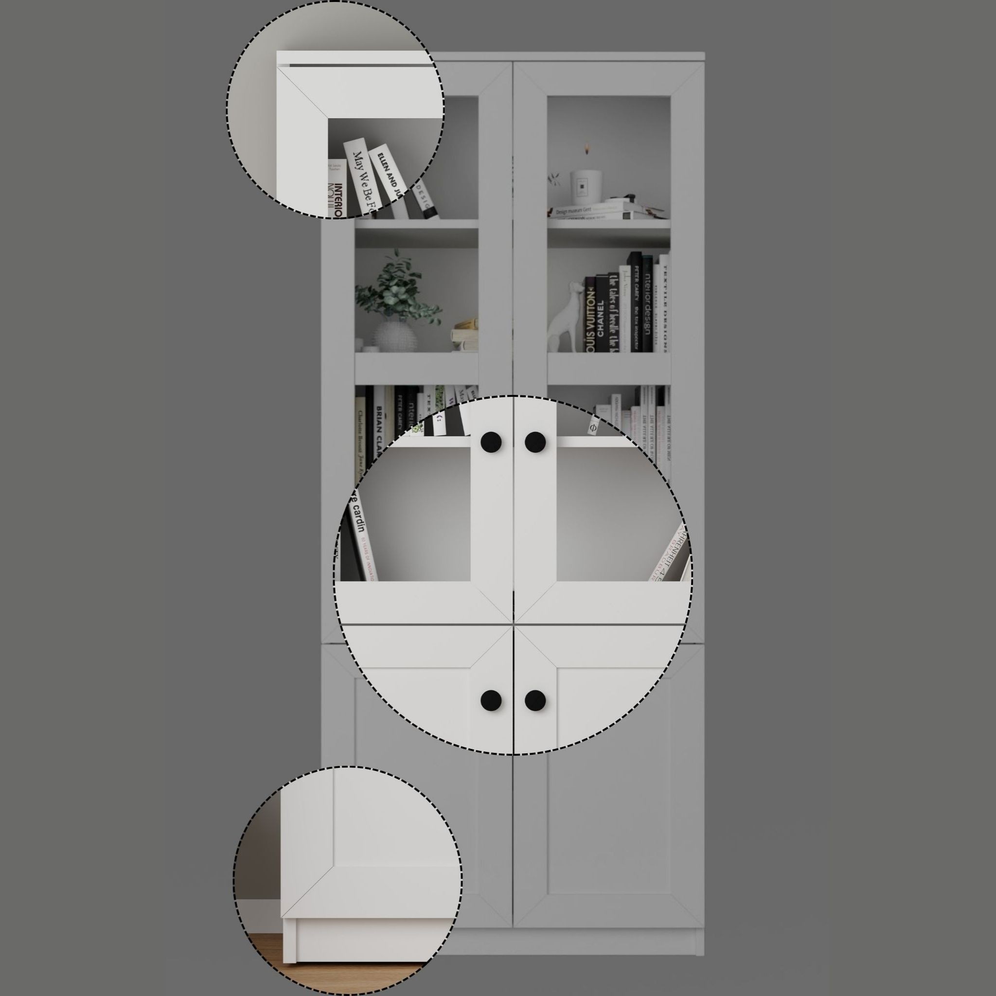 Lucas 4 Kapaklı Beyaz Vitrin - Kitaplık ve Çok Amaçlı Dolap