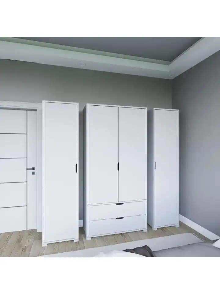 Duru Mat Beyaz 4 Kapılı 2 Çekmeceli Elbise Dolabı - Gardırop Seti