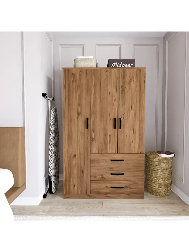 Easy Atlantik Çam 3 Kapılı 3 Çekmeceli Çok Amaçlı Elbise Dolabı