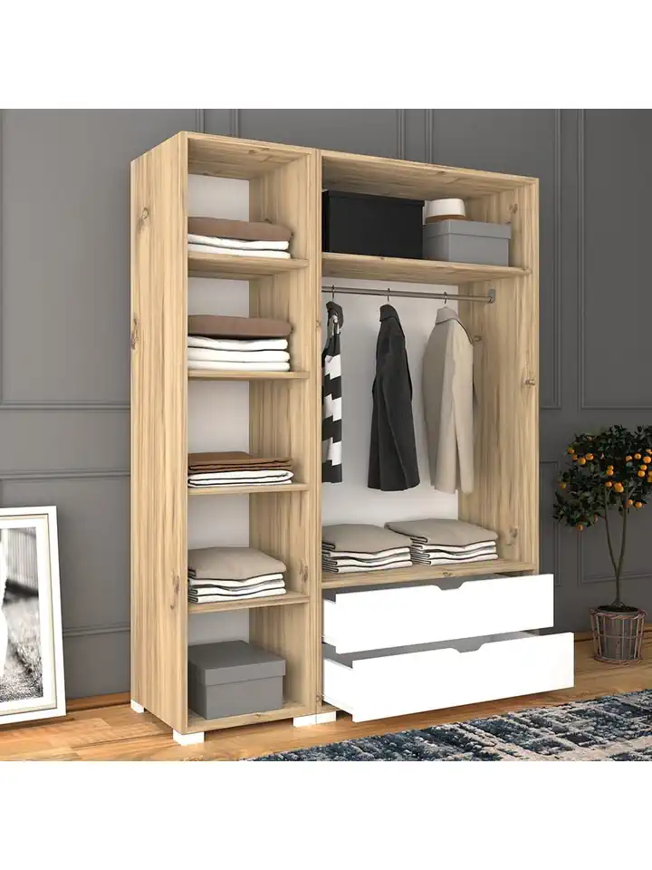 Nisan Açık Ceviz-beyaz 3 Kapılı 2 Çekmeceli Elbise Dolabı - Gardırop Seti