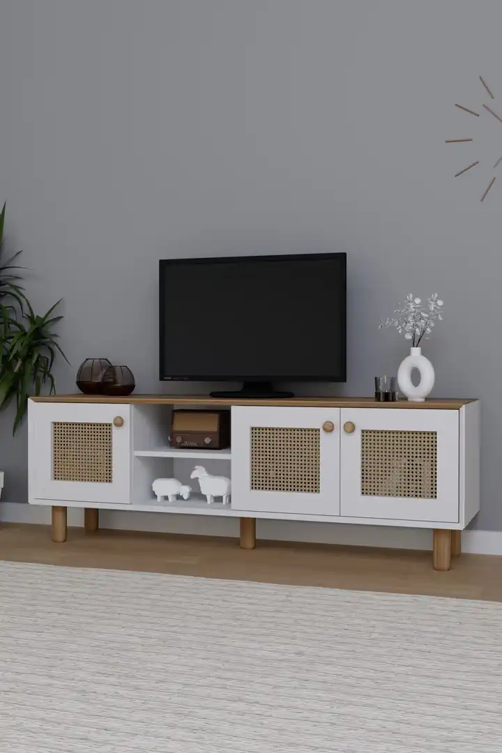 Bohem Serisi Garden Meşe - Beyaz Pvc Hasır Desen Tv Ünitesi