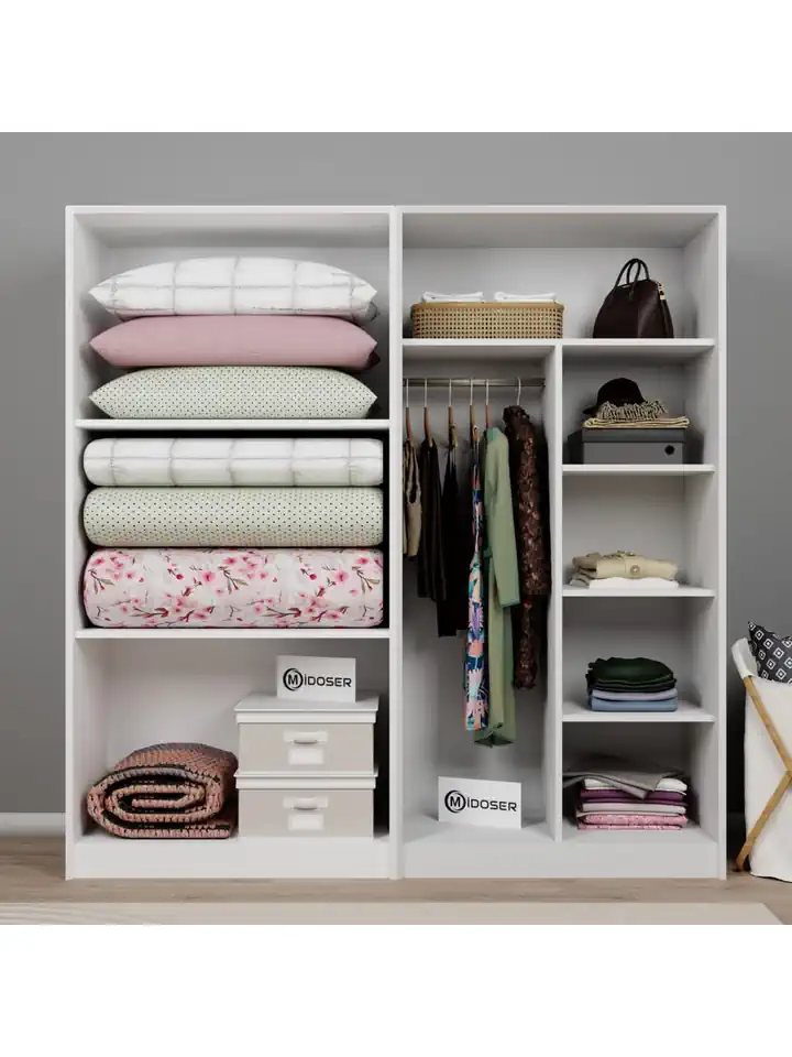 Lucas 4 Kapaklı 8 Raflı Yüklük ve Elbise Dolabı Seti - Mat Beyaz