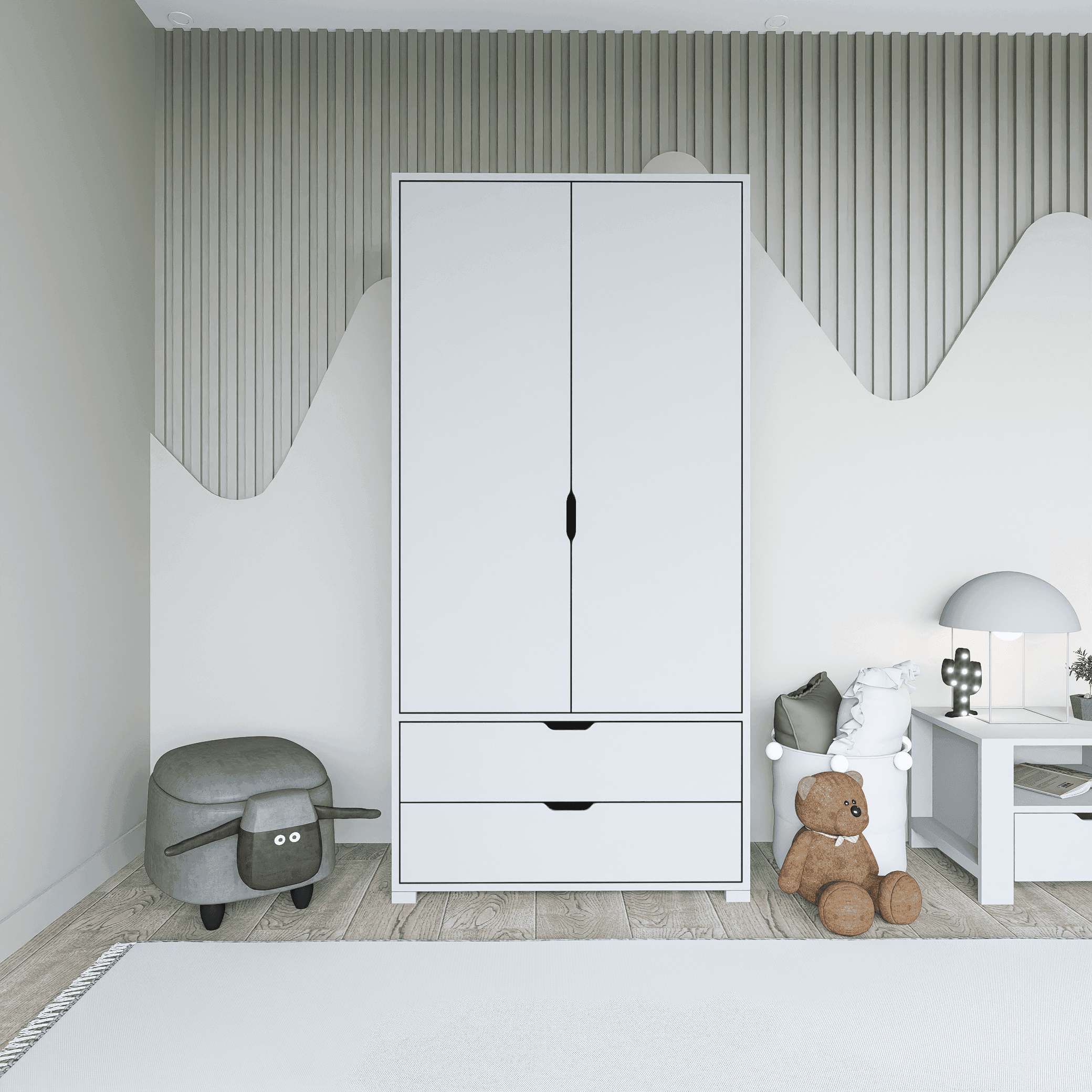 Duru 90 Cm Mat Beyaz 2 Kapılı 2 Çekmeceli Elbise Dolabı - Gardırop
