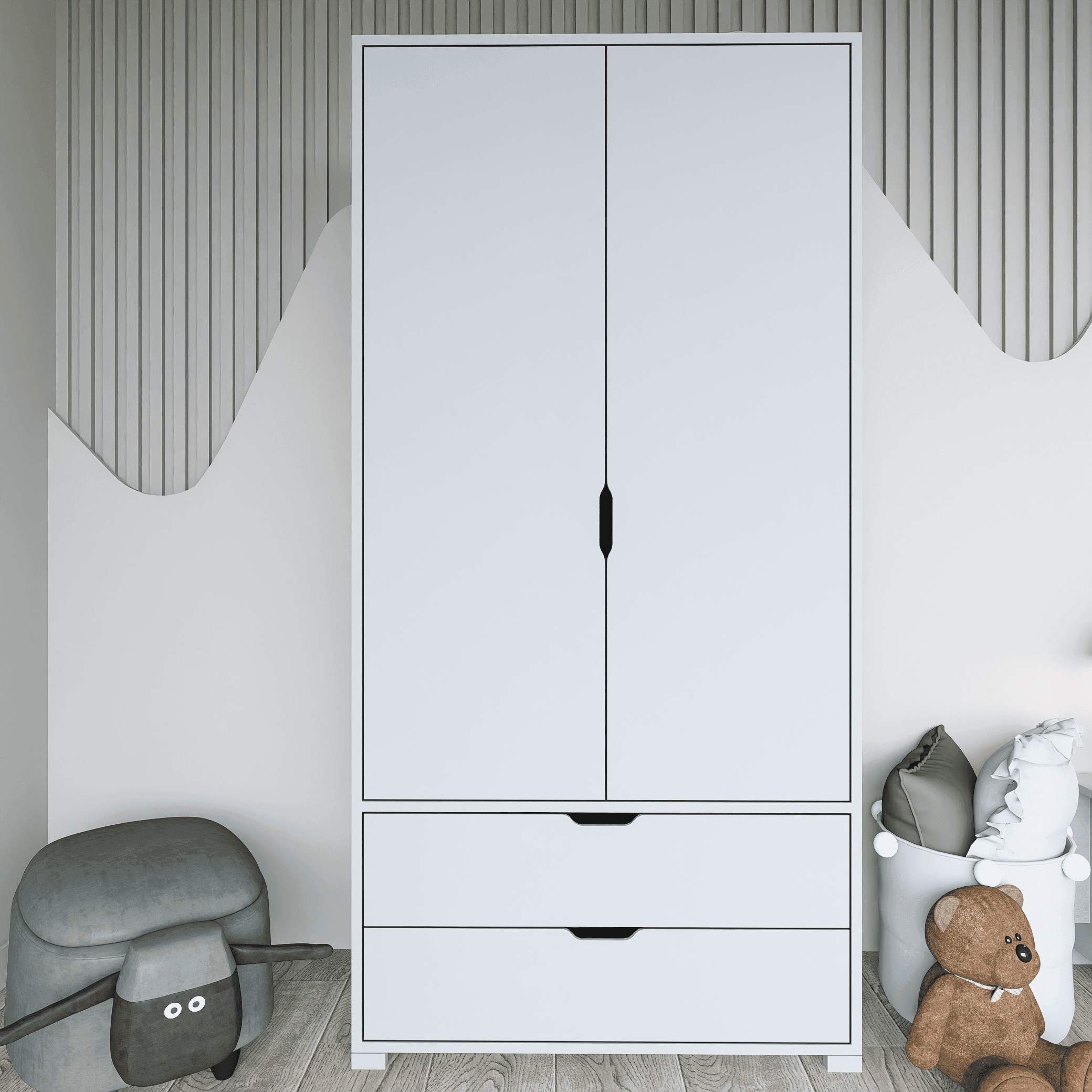 Duru 90 Cm Mat Beyaz 2 Kapılı 2 Çekmeceli Elbise Dolabı - Gardırop