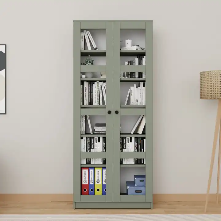 Lucas Cam Kapaklı Vitrin - Büfe - Kitaplık ve Çok Amaçlı Dolap ( AYARLANABİLİR RAF ) - Yeşil