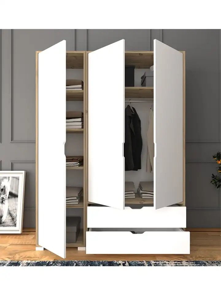 Nisan Açık Ceviz-beyaz 3 Kapılı 2 Çekmeceli Elbise Dolabı - Gardırop Seti