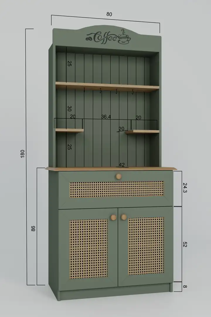 Lucas 2 Kapaklı Çekmeceli Pvc Hasır Desen Kahve Köşesi & Çok Amaçlı Mutfak Dolabı-Açık Ceviz & Yeşil