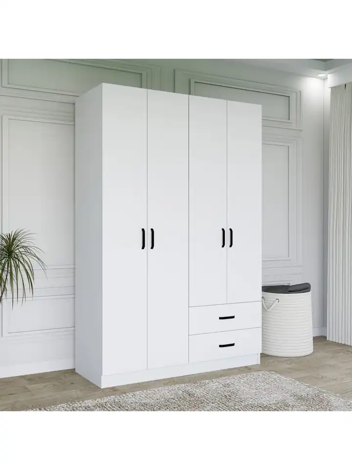 Yaman Mat Beyaz 4 Kapılı 2 Çekmeceli Elbise Dolabı - Gardırop