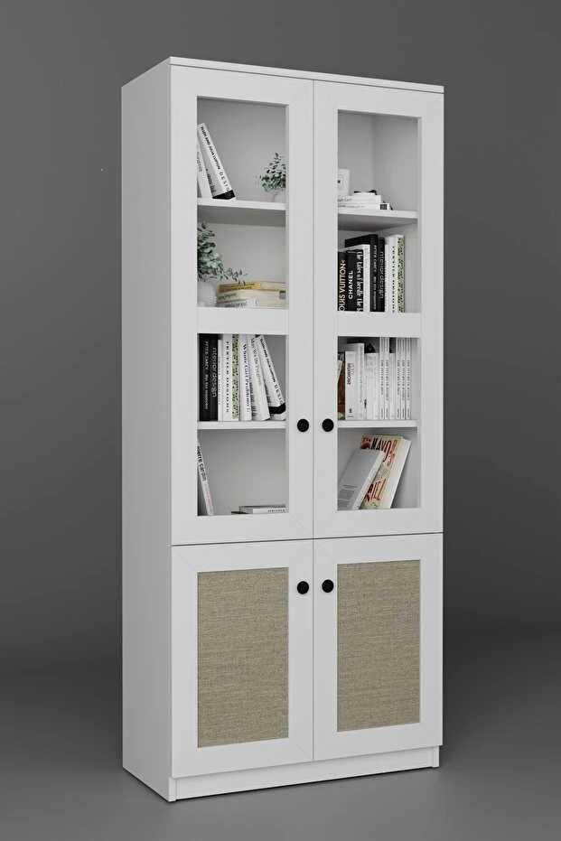 Lisa Kumaş Desenli 4 Kapaklı Beyaz Vitrin - Kitaplık ve Çok Amaçlı Dolap