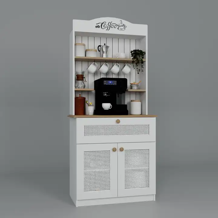 Lucas 2 Kapaklı Çekmeceli Pvc Hasır Desen Kahve Köşesi & Çok Amaçlı Mutfak Dolabı-Açık Ceviz & Beyaz