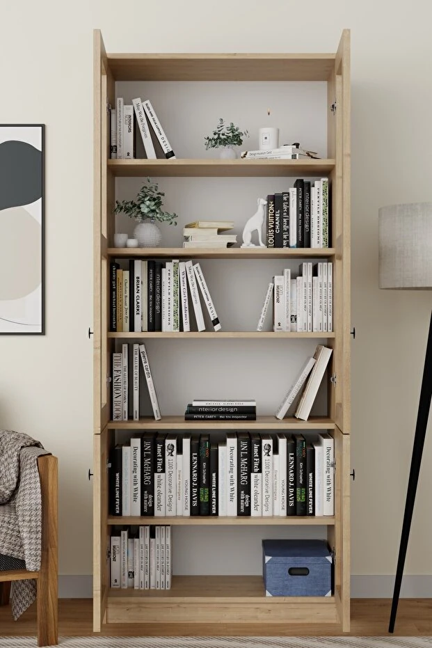 Lisa 4 Kapaklı Safir Meşe Vitrin -Kitaplık ve Çok Amaçlı Dolap