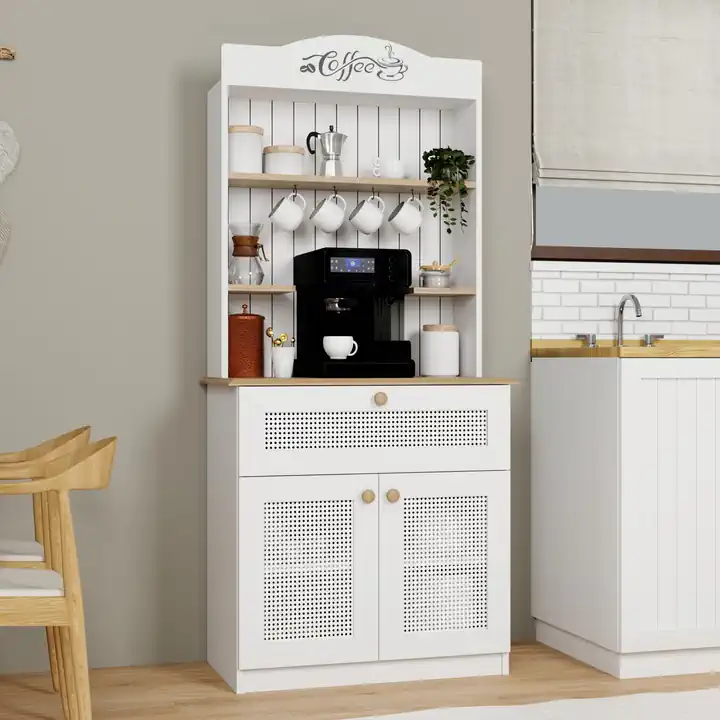 Lucas 2 Kapaklı Çekmeceli Pvc Hasır Desen Kahve Köşesi & Çok Amaçlı Mutfak Dolabı-Açık Ceviz & Beyaz