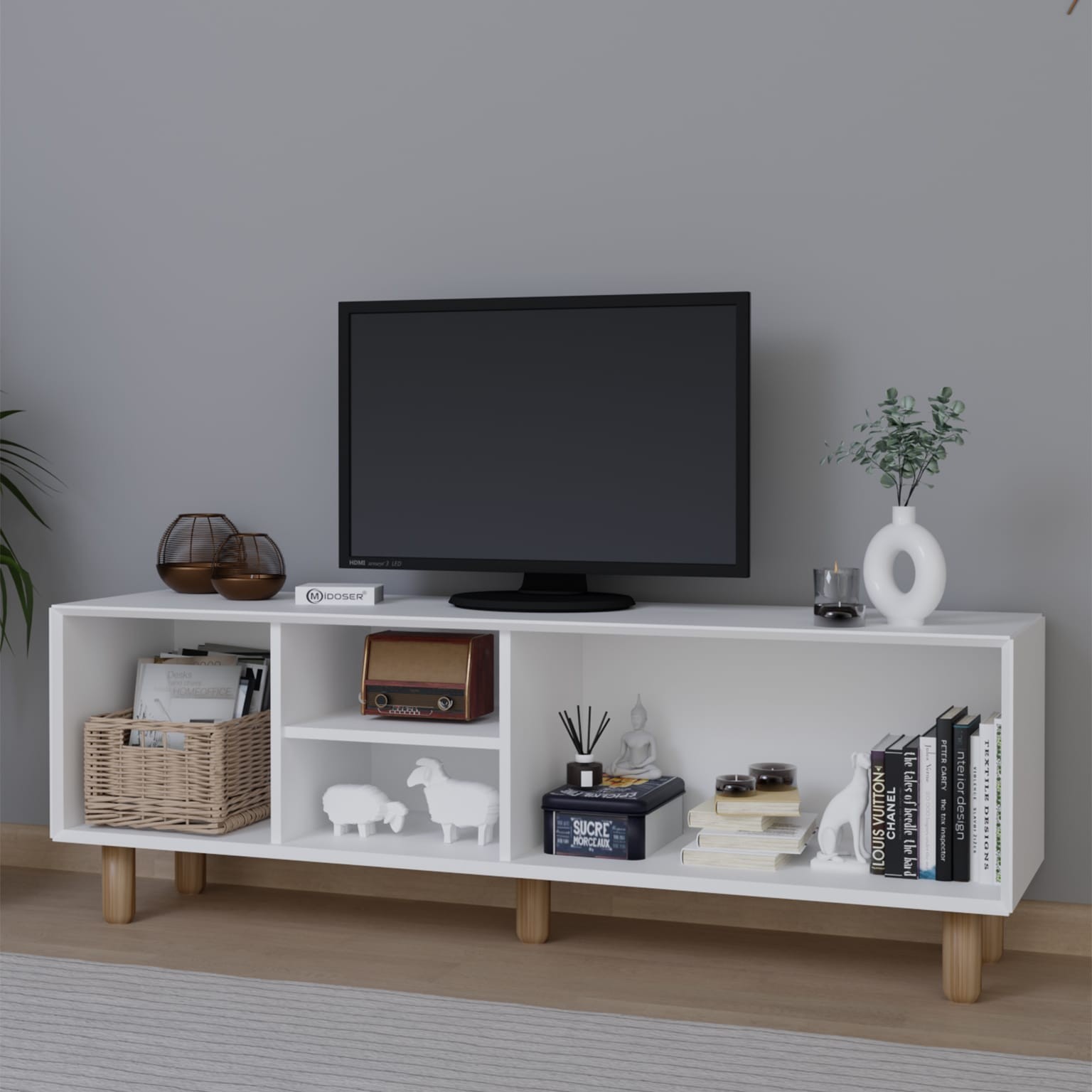 Bohem Serisi Natura Mat Beyaz Pvc Hasır Desen Tv Ünitesi