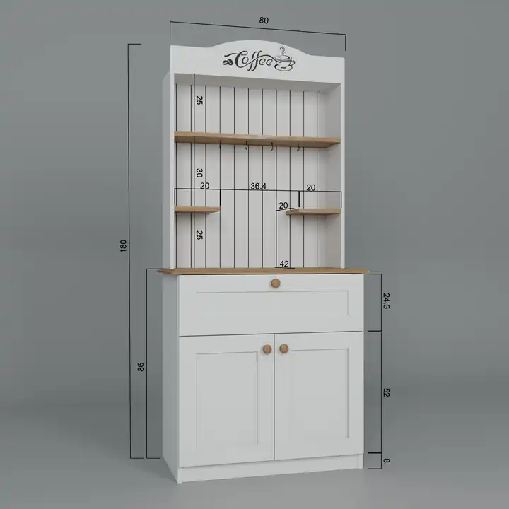 Lucas 2 Kapaklı Çekmeceli Kahve Köşesi ve Çok Amaçlı Mutfak Dolabı - Açık ceviz & Beyaz