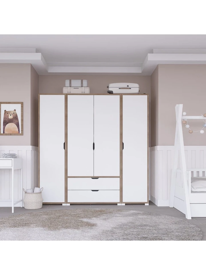 Nisan Açık Ceviz-beyaz 4 Kapılı 2 Çekmeceli Elbise Dolabı - Gardırop Seti