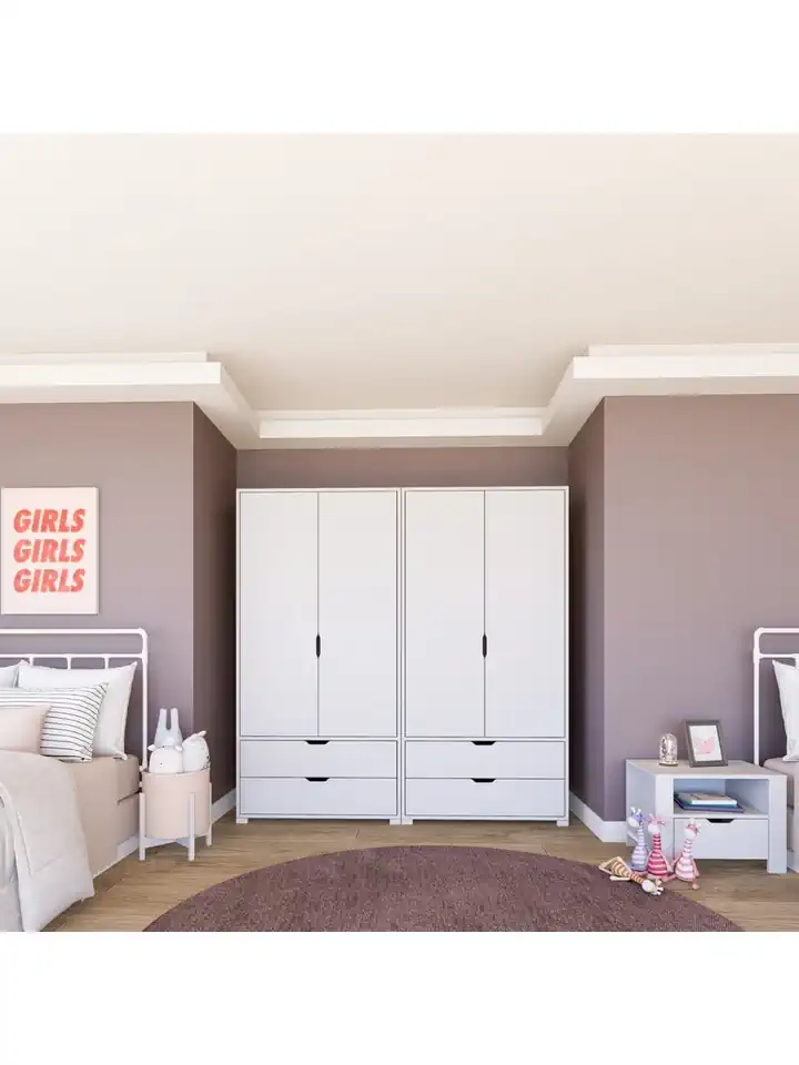 Duru Mat Beyaz 4 Kapılı 4 Çekmeceli Elbise Dolabı - Gardırop Seti