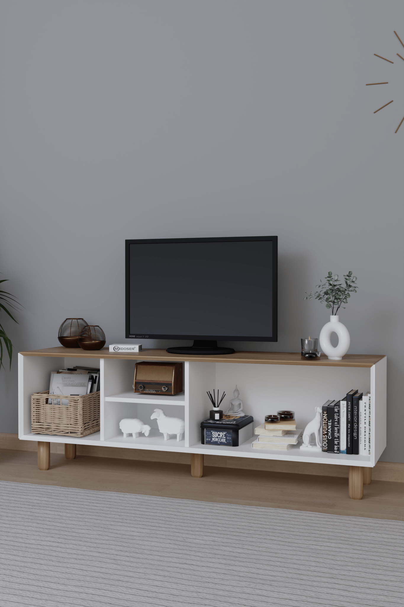 Bohem Serisi Garden Meşe - Beyaz Pvc Hasır Desen Tv Ünitesi