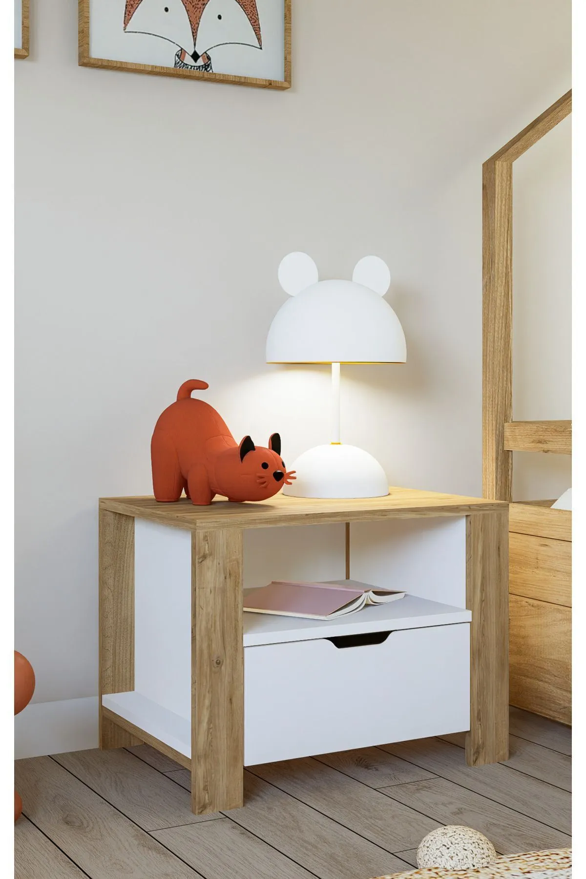 Nisan 2 Çekmeceli Komodin Beyaz-Keçe ( Açık Ceviz)